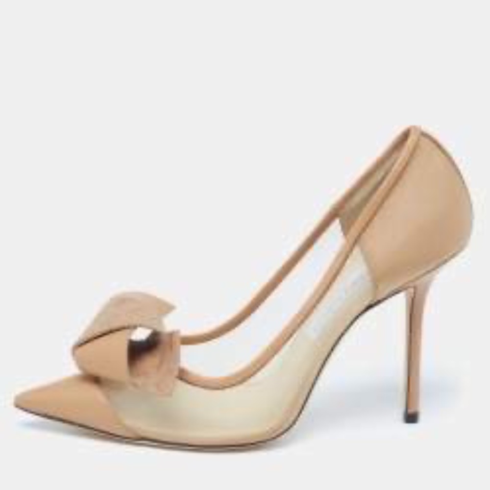 Jimmy Choo Caramel Mesh and Leather JC Monogram Bow Lani Pumps Size 38.5